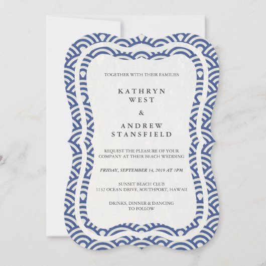 日本の青海波のエレガントなビーチウェディング 招待状 (正面)