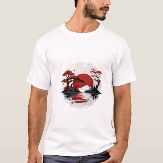 日本の静けさ - 富士山の夕日Tシャツデザイン Tシャツ (正面)