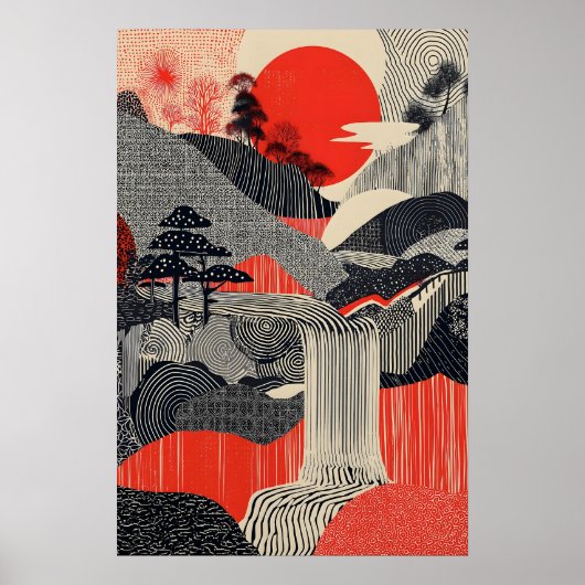 日本の風景アートプリント 赤い太陽の滝 ポスター (正面)