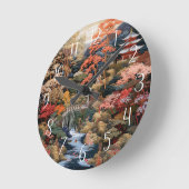 日本の風景アート：滝と村 ラウンド壁時計 (傾斜)