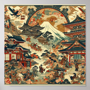 日本の風景 富士山 寺院 桜の花 ポスター