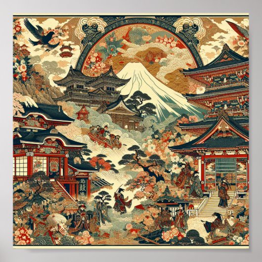 日本の風景 富士山 寺院 桜の花 ポスター (正面)