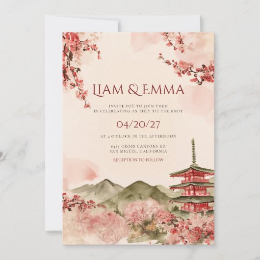 日本の風景 山 桜 ウェディング 招待状 (正面)
