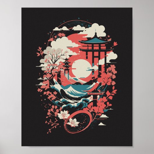 日本の風景 赤い太陽の塔と波のグラフィック ポスター (正面)