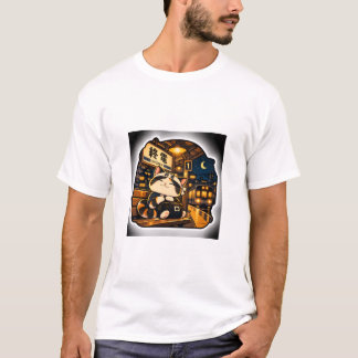 日本の駅の夜のラストトレイン 猫 Tシャツ