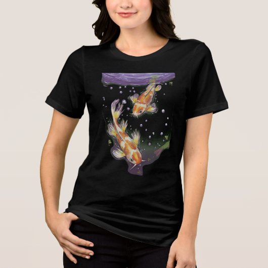 日本の鯉の池のイラスト 美意識 トライブレンドTシャツ (正面)