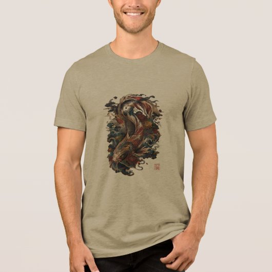日本の鯉の魚 | 伝統的な和彫り トライブレンドTシャツ (正面)