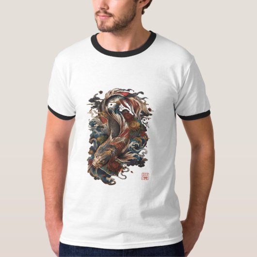 日本の鯉の魚 | 伝統的な和彫り Tシャツ (正面)