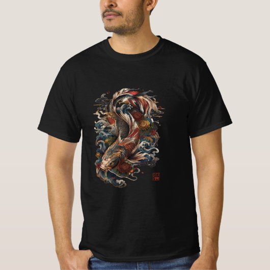 日本の鯉の魚 | 伝統的な和彫り Tシャツ (正面)