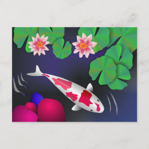 日本の鯉の魚、蓮の花 & 睡蓮 ポストカード