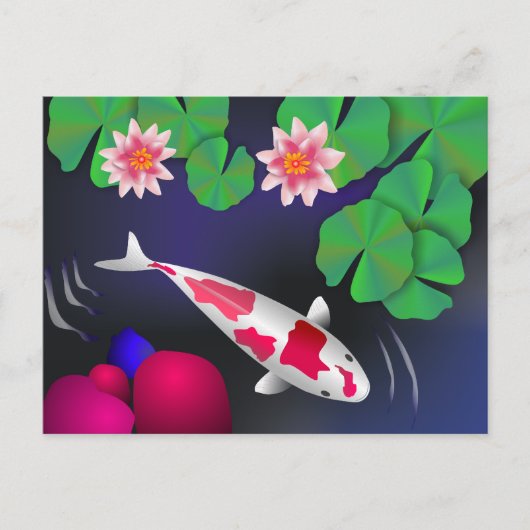 日本の鯉の魚、蓮の花 & 睡蓮 ポストカード (正面)