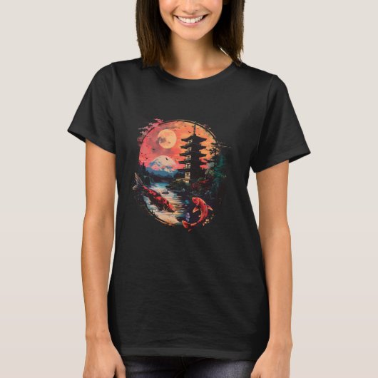 日本の鯉 寺 パゴダ 日本の鯉の魚 Tシャツ (正面)
