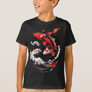 日本の鯉 – 赤と黒の波 Tシャツ