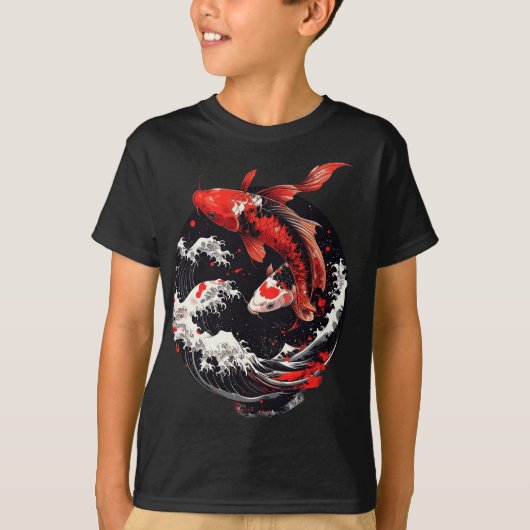 日本の鯉 – 赤と黒の波 Tシャツ (正面)