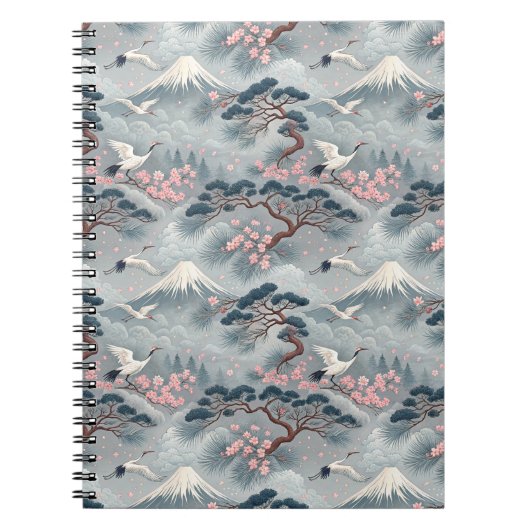 日本の鶴と桜 富士山パターン ノートブック (正面)