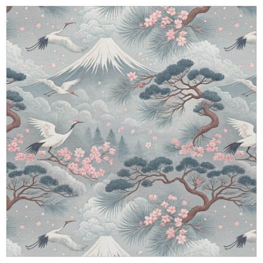 日本の鶴と桜 富士山パターン ファブリック (クローズアップ)