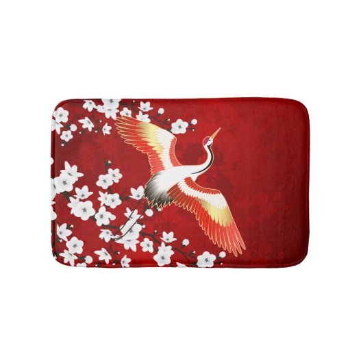 日本の鶴 白い桜 赤 バスマット (正面)