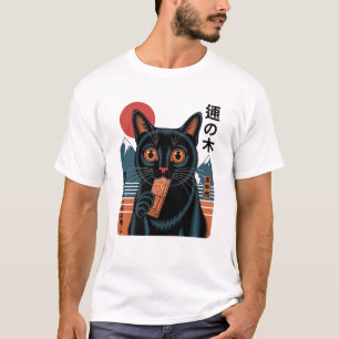 日本の黒猫とキャンディーバー - レトロな漫画スタイル Tシャツ