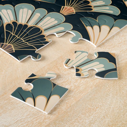 日本の-インスパイアティール(緑がかった色)&ベージュファン ジグソーパズル (側面)