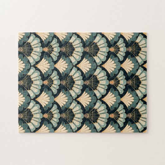 日本の-インスパイアティール(緑がかった色)&ベージュファン ジグソーパズル (横)