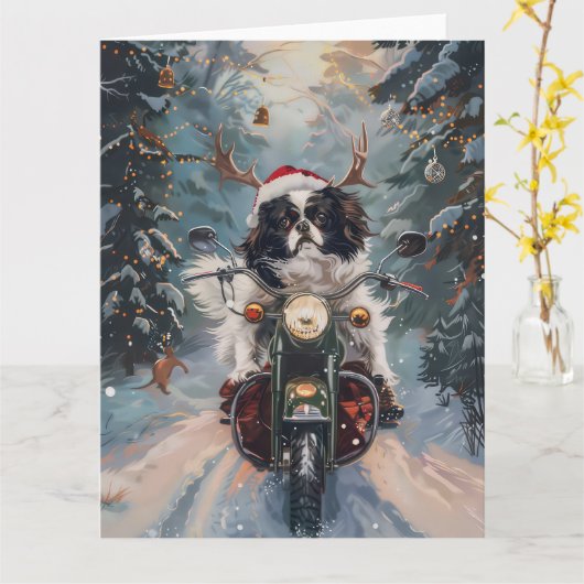 日本のChin Dog Riding Motorcycle Christmas カード (黄色い花)