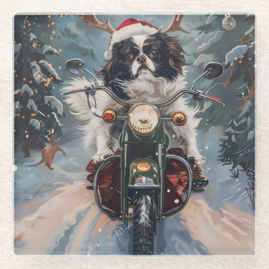 日本のChin Dog Riding Motorcycle Christmas ガラスコースター (正面)