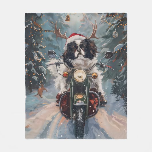 日本のChin Dog Riding Motorcycle Christmas フリースブランケット (正面)