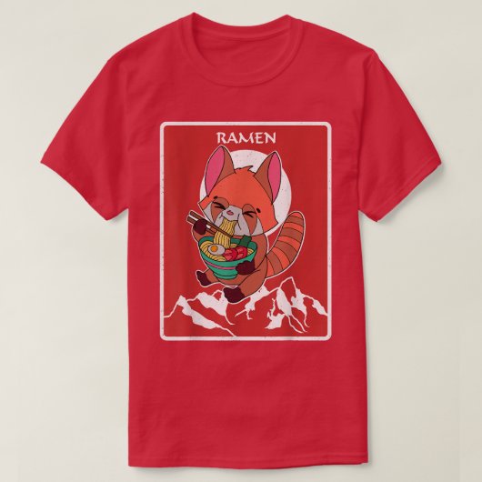 日本アジアの赤いパンダラーメン麺日本食 Tシャツ (デザイン正面)