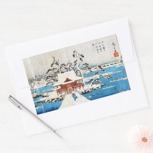 日本クールのヴィンテージ浮世絵神社雪 長方形シール (封筒)