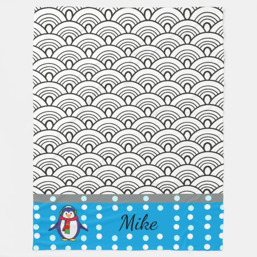 日本ドードルズパターン,ペンギン,あなたの名前 フリースブランケット (正面)