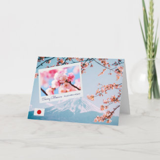 日本ピンクさくらんぼの花と国旗と山富士 カード