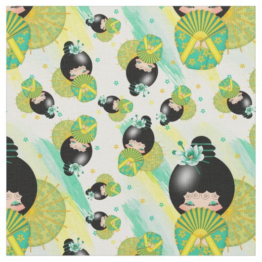 日本人のKokeshiの人形および水彩画の生地 ファブリック (クローズアップ)