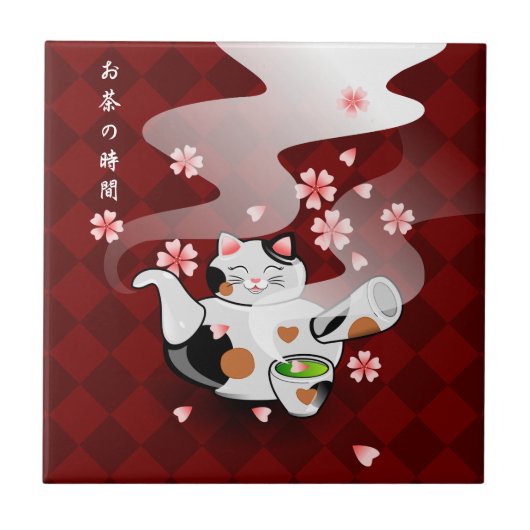 日本人のManeki Nekoの桜猫のティーポットの残り タイル (正面)