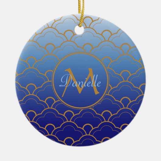 日本人のSeigaihaの帆立貝のGradatedのロイヤルブルーの金ゴールド セラミックオーナメント (正面)