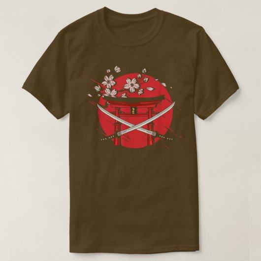 日本国旗カタナさくらんぼ花の木桜日本 Tシャツ (デザイン正面)