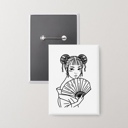日本女性扇風アート 缶バッジ (正面/裏面)