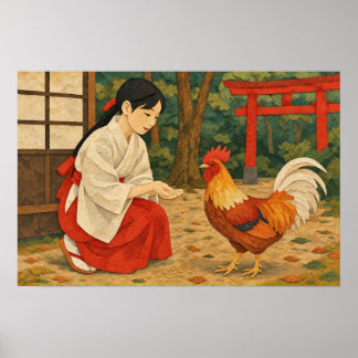 日本巫女とニワトリのちぎり絵ポスター ポスター