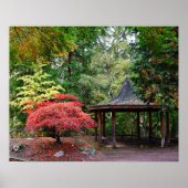 日本庭園の亭と紅葉 ポスター (正面)