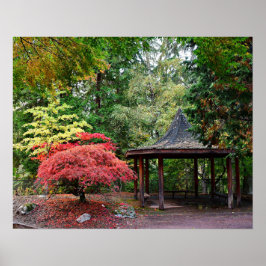 日本庭園の亭と紅葉 ポスター