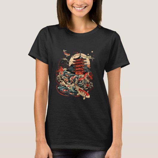 日本庭園の鯉の滝寺 アジアの鯉 Tシャツ (正面)
