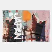 日本建物夕日ポスター キッチンタオル (横)