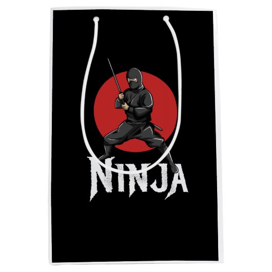 日本忍者持刀イラストレーション ミディアムペーパーバッグ (正面)