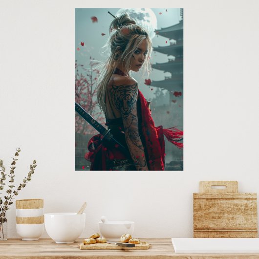 日本文化の女剣士 - 刀を持つ日本人女性 ポスター (キッチン)