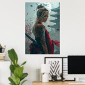 日本文化の女剣士 - 刀を持つ日本人女性 ポスター (ホームオフィス)