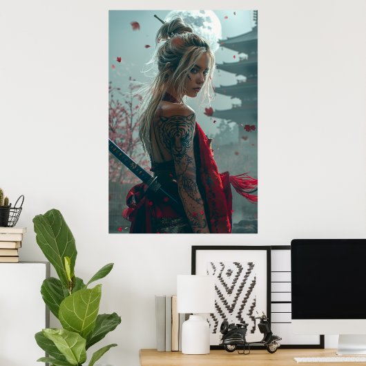 日本文化の女剣士 - 刀を持つ日本人女性 ポスター (ホームオフィス)