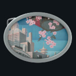 日本東京ヴィンテージ日本の旅行ポスター 卵形バックル<br><div class="desc">1930年代のヴィンテージ旅行ポスターに日本のは来1930年代に東京を訪れる世界を魅了するための広告として日本の、1930年代に作られた美しい旅行ポスター。旅のポスターは東京の下のスカイラインを映し出し、東京のスカイラインの上には美しい赤い紙のランタンが、上からピンクのさくらんぼの花々が咲いていぶら下がったる。「日本の東京へ来へ」と言う。 1930日本の年代に東京でポスターが印刷された。</div>