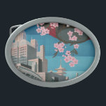 日本東京ヴィンテージ日本の旅行ポスター 卵形バックル<br><div class="desc">1930年代のヴィンテージ旅行ポスターに日本のは来1930年代に東京を訪れる世界を魅了するための広告として日本の、1930年代に作られた美しい旅行ポスター。旅のポスターは東京の下のスカイラインを映し出し、東京のスカイラインの上には美しい赤い紙のランタンが、上からピンクのさくらんぼの花々が咲いていぶら下がったる。「日本の東京へ来へ」と言う。 1930日本の年代に東京でポスターが印刷された。</div>