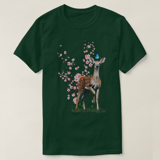 日本桜さくらんぼブロッサムシカ日本の鹿 Tシャツ (デザイン正面)