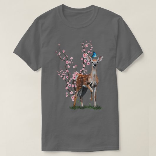 日本桜さくらんぼブロッサムシカ日本の鹿 Tシャツ (デザイン正面)