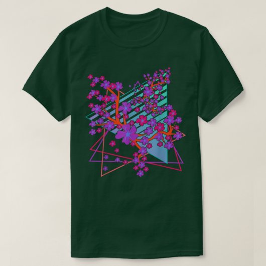 日本桜フラワーVAPORWAVE 80sレトロアートさくらんぼ Tシャツ (デザイン正面)